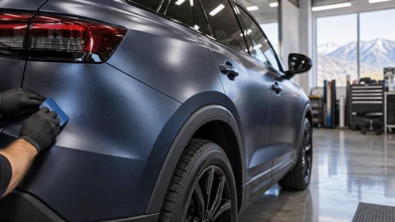 Gloved installer uses a blue squeegee on the rear quarter panel of a matte dark-blue SUV inside a bright vehicle-wrap shop, with snowy mountains visible through large windows.