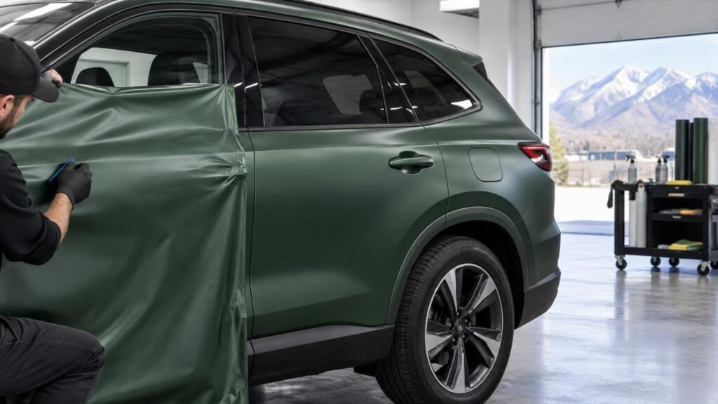 Installer applies matte dark-green vinyl film to the side door of a dark-green SUV inside a bright garage, with snow-covered mountains visible through an open bay.