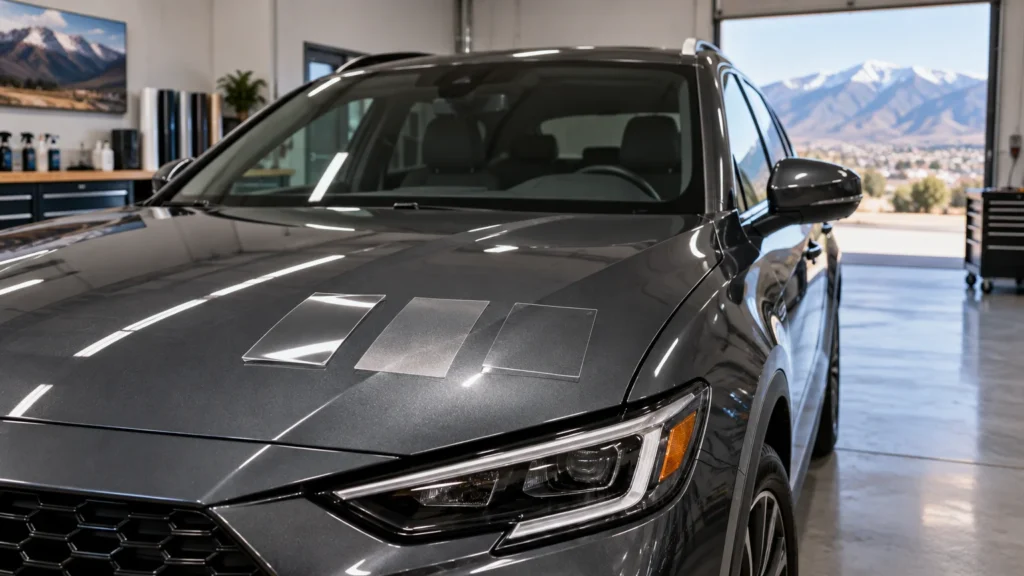 Dark gray SUV in a clean auto-protection shop, with three rectangular clear and matte-looking film samples laid across its reflective hood; mountains are visible through the open bay door.