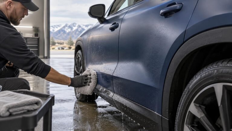 A person wearing gloves hand-washes the lower side panel of a dark blue SUV with a soft mitt inside an open garage, with water droplets on the vehicle and mountains visible outside.