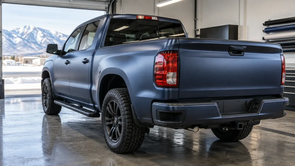 Rear three-quarter view of a matte blue-gray pickup truck in a clean installation garage, with snow-covered mountains visible through the open door and rolls of wrap material stored along the wall.