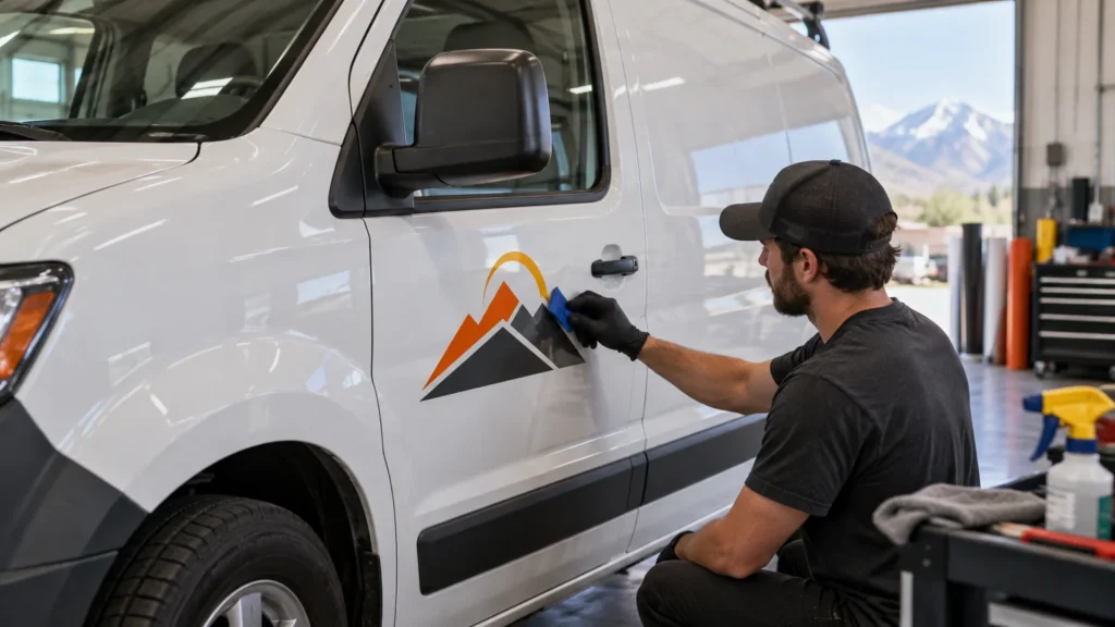 A worker in gloves applies a small orange, black, and gray mountain-and-sun decal to the side door of a white cargo van inside a garage, with snowy mountains visible through the open bay.