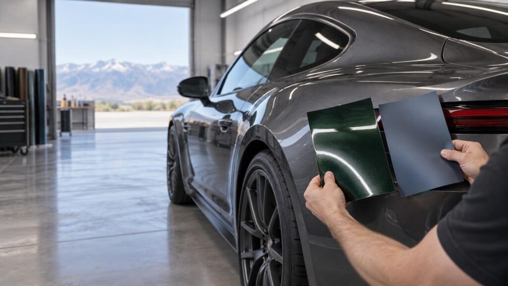 Installer holds glossy dark-green and satin gray vinyl wrap samples against the rear quarter panel of a dark gray luxury sport sedan inside a bright garage, with mountains visible outside.