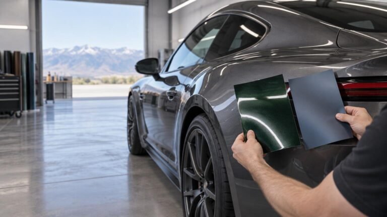 Installer holds glossy dark-green and satin gray vinyl wrap samples against the rear quarter panel of a dark gray luxury sport sedan inside a bright garage, with mountains visible outside.