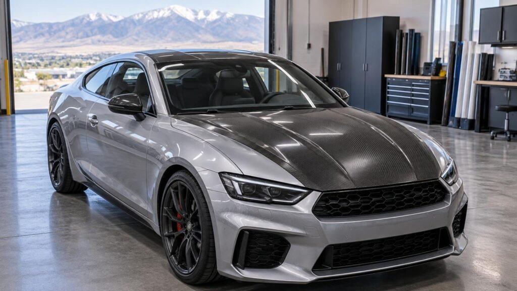 Silver modern two-door sports coupe in a bright wrap shop, with a dark carbon-fiber-look finish across the hood, roof, and side mirrors; mountains are visible through the open bay behind it.