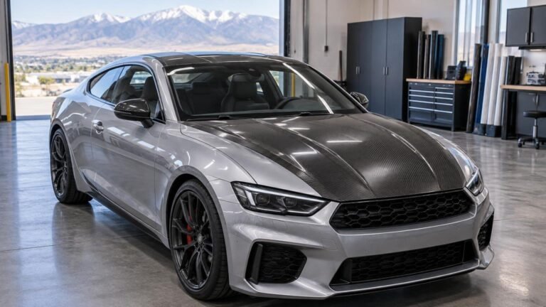 Silver modern two-door sports coupe in a bright wrap shop, with a dark carbon-fiber-look finish across the hood, roof, and side mirrors; mountains are visible through the open bay behind it.
