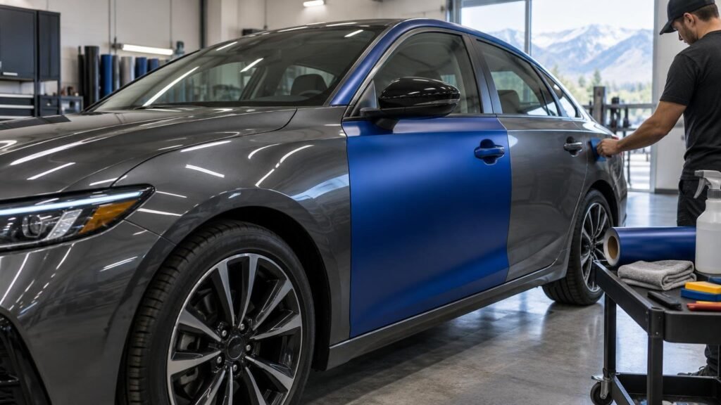 Technician working beside a gray sedan in a bright auto-wrap shop, with a satin blue vinyl panel covering the front door and wrap tools on a rolling cart.