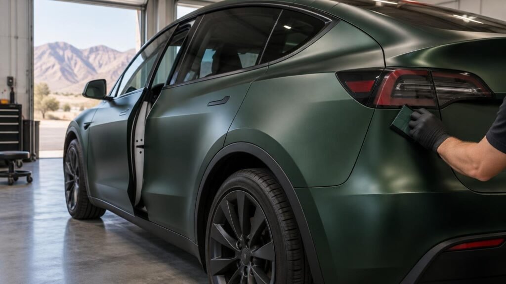 Technician in black gloves applies a small green film piece to the rear quarter panel of a matte dark-green crossover inside a garage, with a mountain visible through the open bay door.