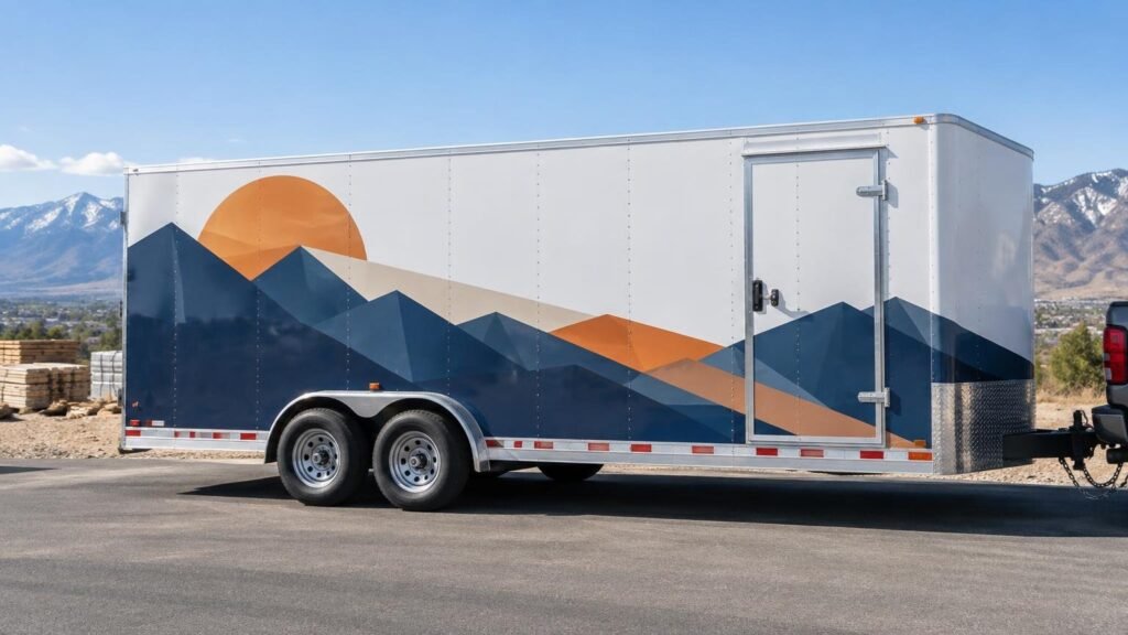 White enclosed dual-axle trailer with a blue geometric mountain and orange sun vinyl graphic parked on a road, with mountains in the background.