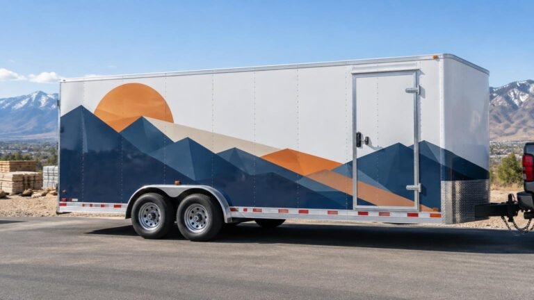 White enclosed dual-axle trailer with a blue geometric mountain and orange sun vinyl graphic parked on a road, with mountains in the background.
